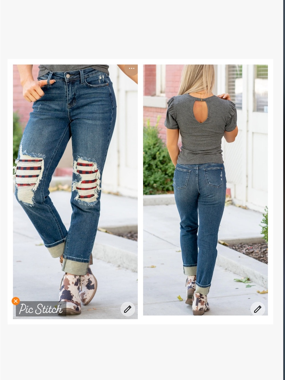 Judy Blue Buffalo Plaid Patch Mid Rise Cuffed Boyfriend Jeans